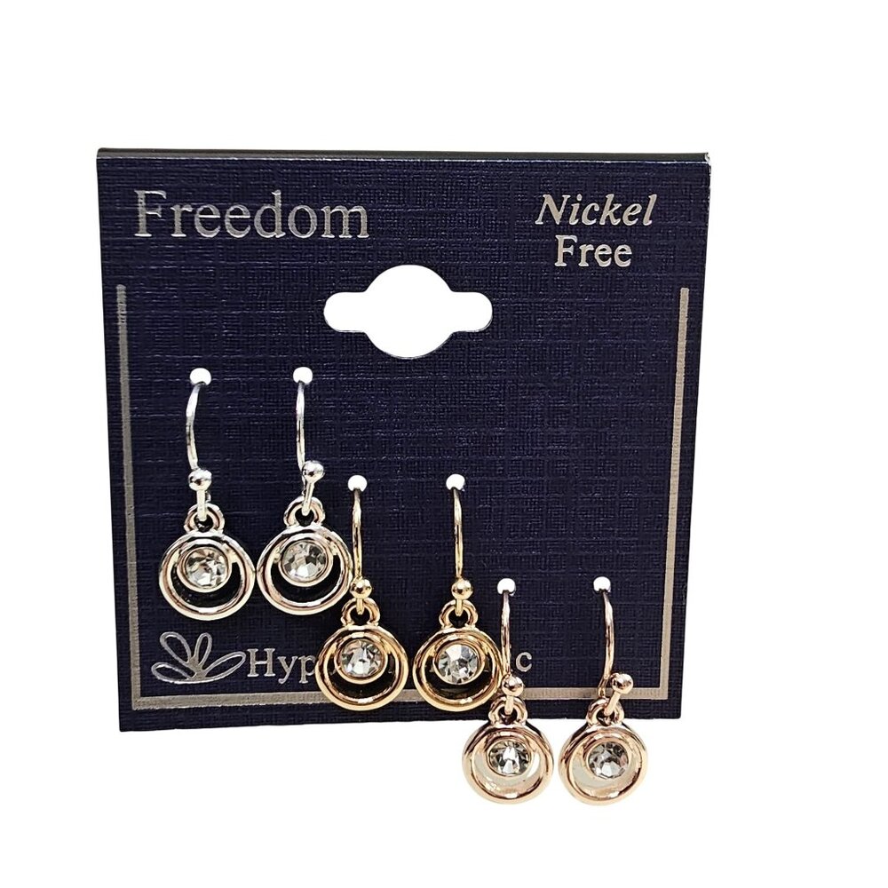 Freedom Hypoallergenic Nickel Free Drop Earrings Set In Silver Gold‎ & Rose Tone
